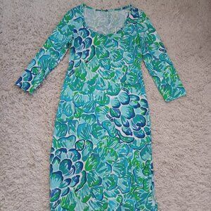 Lilly Pulitzer Small Blue Green Floral Pima Cotton Knit Dress Long Sleeve